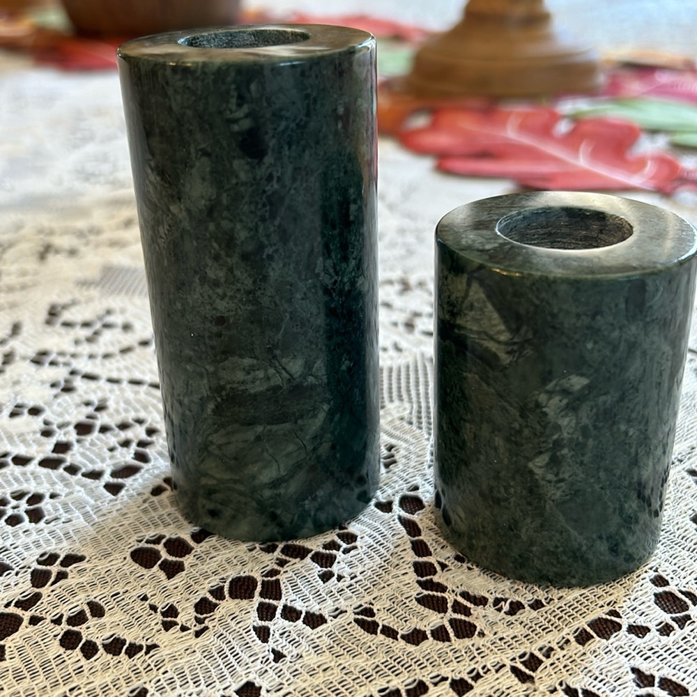 Set of 2 Marble taper candleholders 3 1/2” and 2 1/4”. Dark green